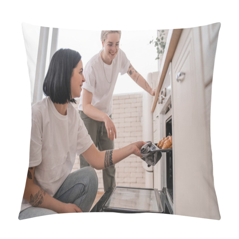 Personality  Happy Lesbian Couple Near Oven Tray With Homemade Croissants In Kitchen  Pillow Covers