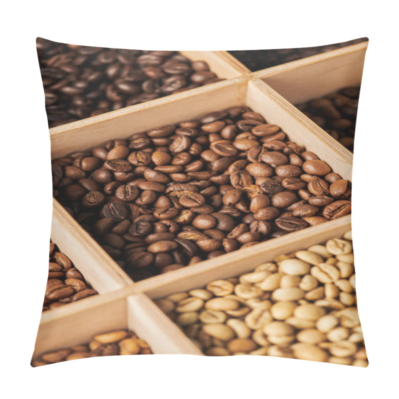 Personality  Coffee Beans In Wooden Box, Different Roast, Caffeine And Energy, Espresso, Coffee Background  Pillow Covers