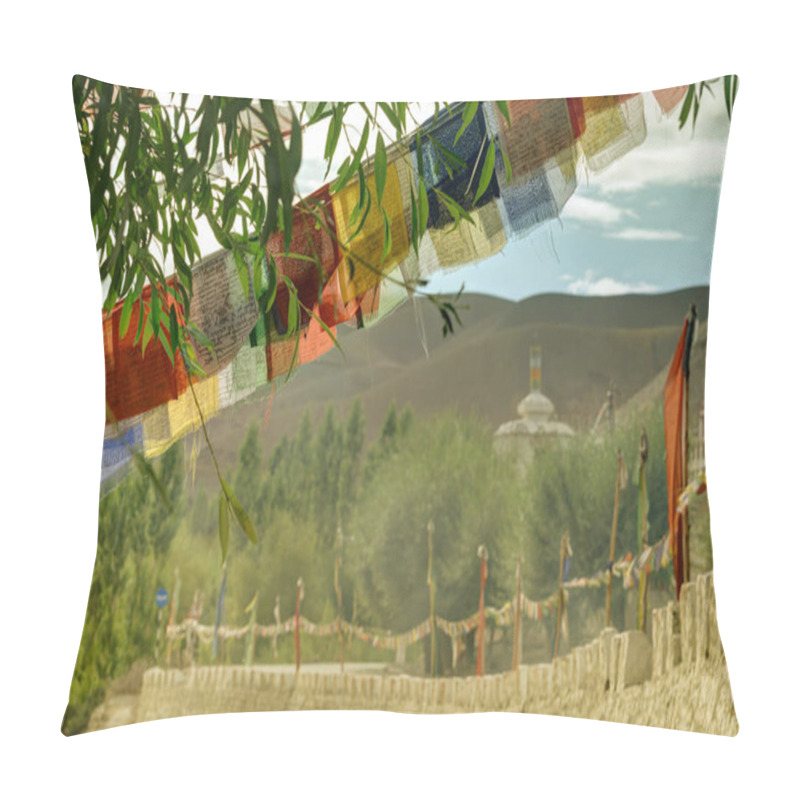 Personality  Buddhist Religious Flags, Play Of Light And Shadow On Mountains Of Mulbekh, Himalayan Mountains With Shadow Of Clouds In Background, Ladakh, Jammu And Kashmir, India Pillow Covers