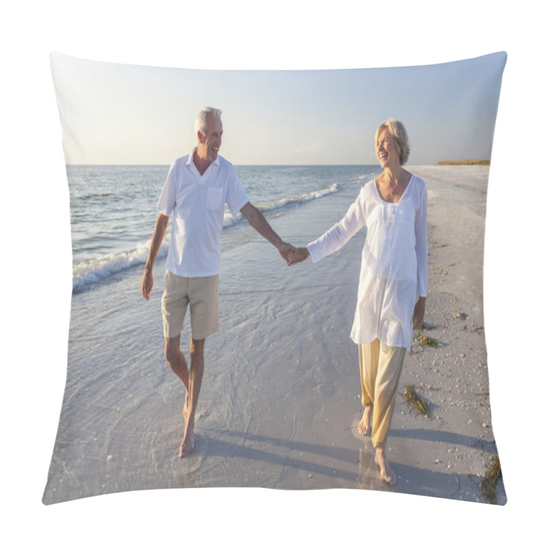 Personality  Happy Senior Couple Walking Holding Hands Tropical Beach Pillow Covers