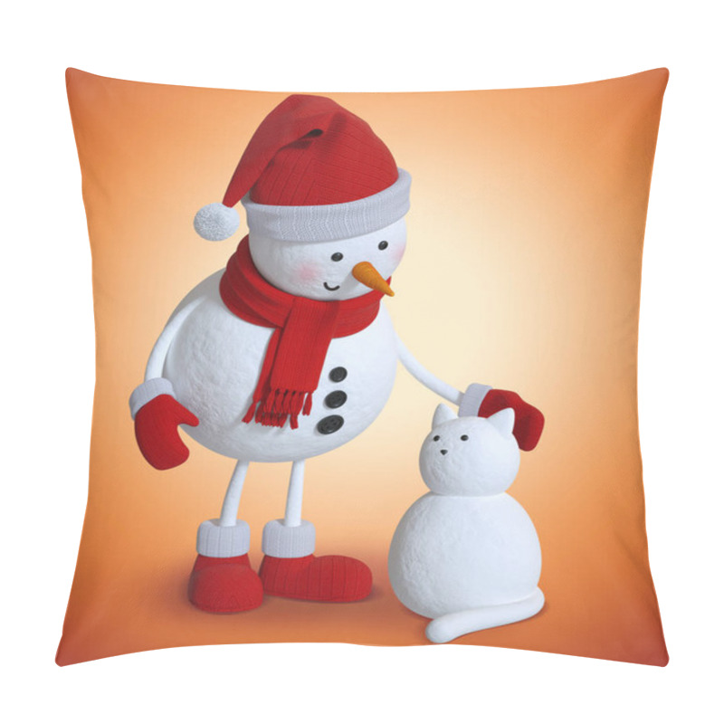 Personality  Snowman And Snow Cat, 3d Character Illustration, Christmas Holiday Clip Art Pillow Covers