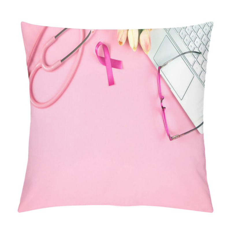 Personality  Pink Ribbon Breast Cancer Awareness Month Doctors Desk Concept With Copy Space. Pillow Covers