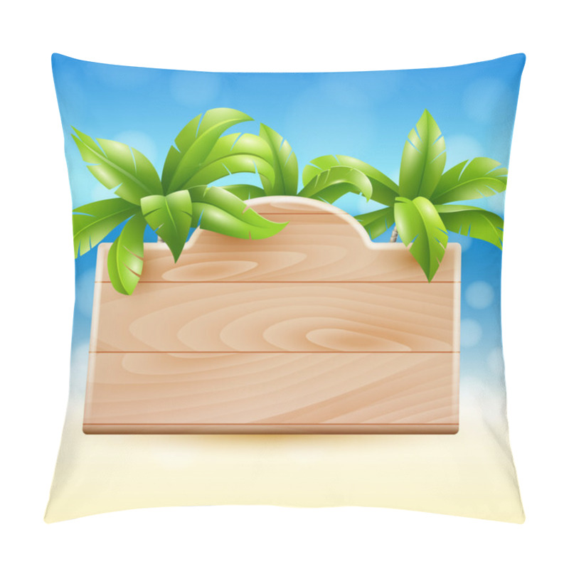 Personality  Illustration Of A Tropical Beach With A Wooden Sign And Coconut Palms Pillow Covers