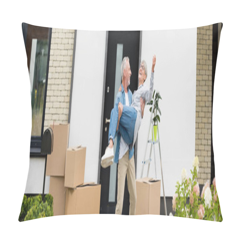 Personality  Panoramic Shot Of Mature Man Holding Smiling Woman Near New House  Pillow Covers