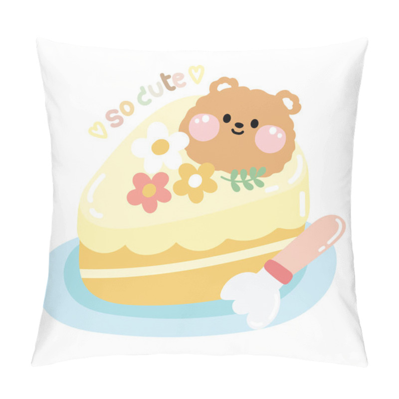 Personality  Cute Face Bear With Flower And Leaf On Cake Cartoon.Sweet Food Pastel Hand Drawn.Kawaii.Vector.Illustration. Pillow Covers