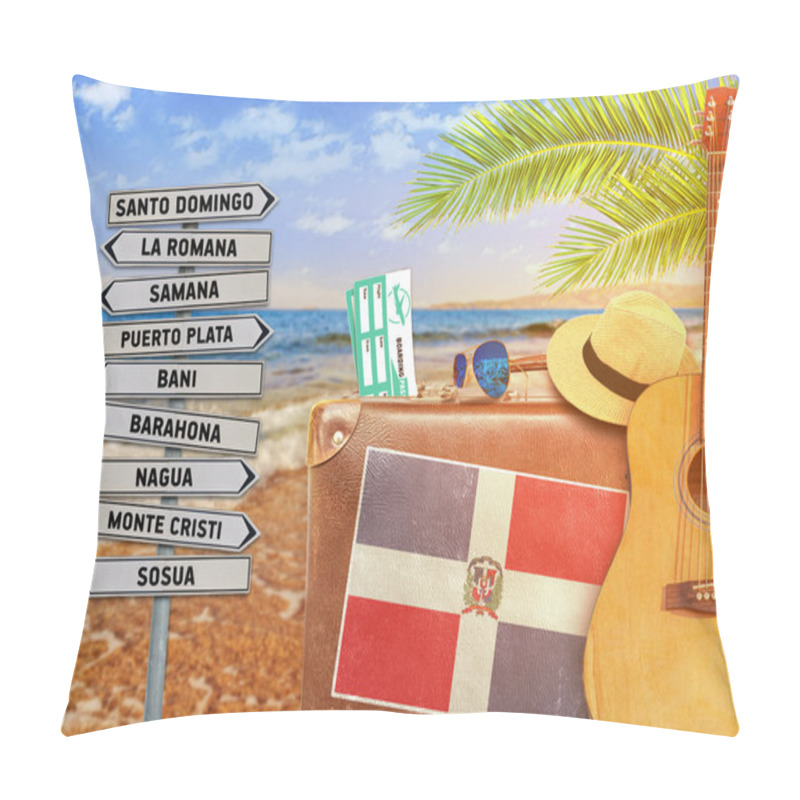 Personality  Concept Of Summer Traveling With Old Suitcase And Dominican Republic Town Sign With Burning Sun Pillow Covers