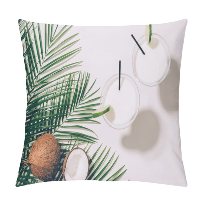 Personality  Top View Of Organic Coconuts, Green Palm Leaves And Coconut Cocktails In Glasses With Drinking Straws On White  Pillow Covers