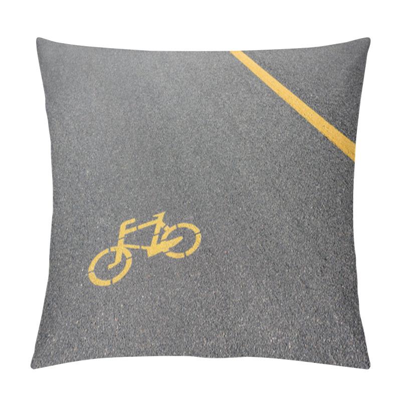 Personality  Yellow Symbol Of Bicycle Path On Grey Asphalt  Pillow Covers