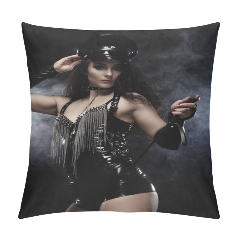 Personality  Beautiful Mistress Dancer In Leather Shorts And A Cap Holding A Stack And Posing Over Smoke Background Pillow Covers