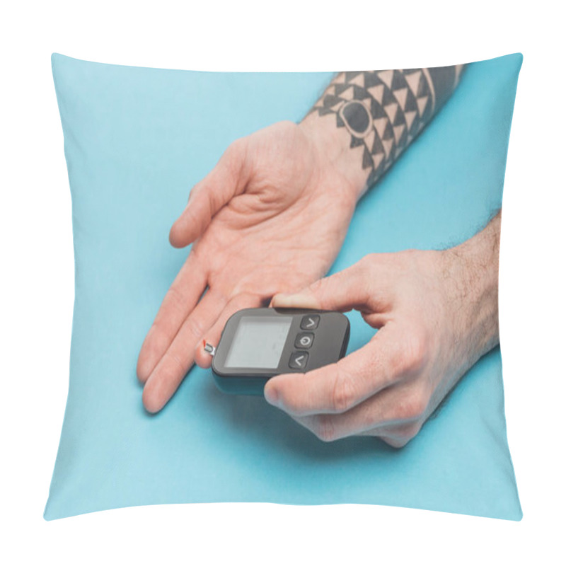 Personality  Cropped View Of Man Doing Glucose Level Test With Glucometer On Blue Background Pillow Covers