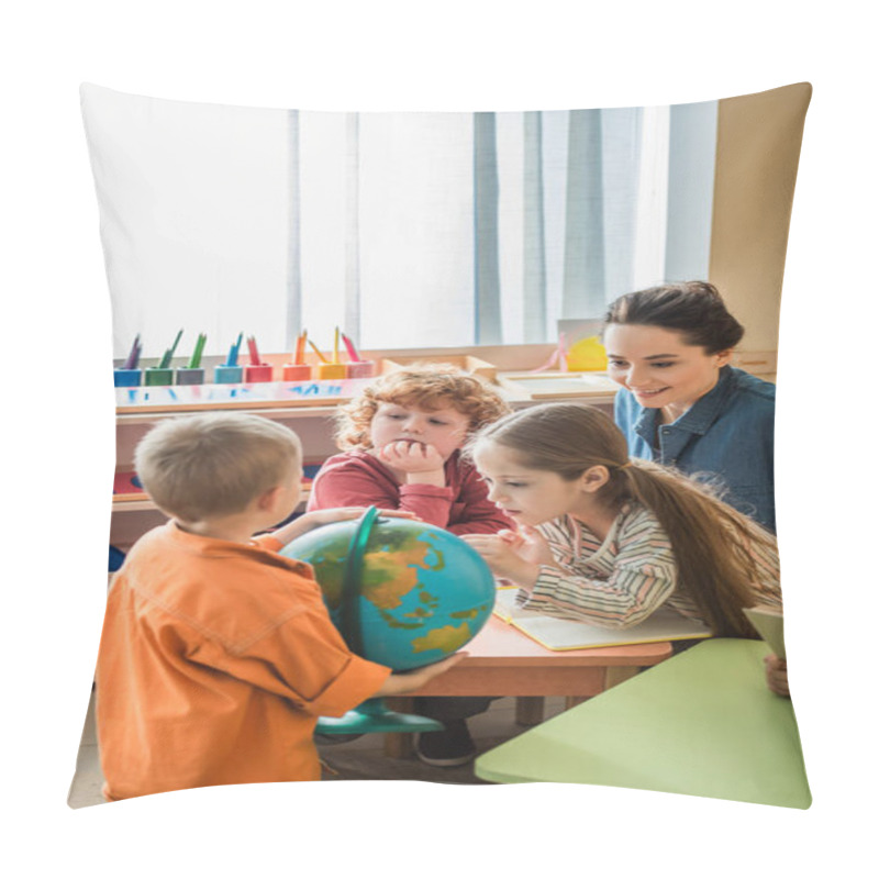 Personality  Amazed Girl Looking At Globe Near Boys And Smiling Teacher In Classroom Pillow Covers