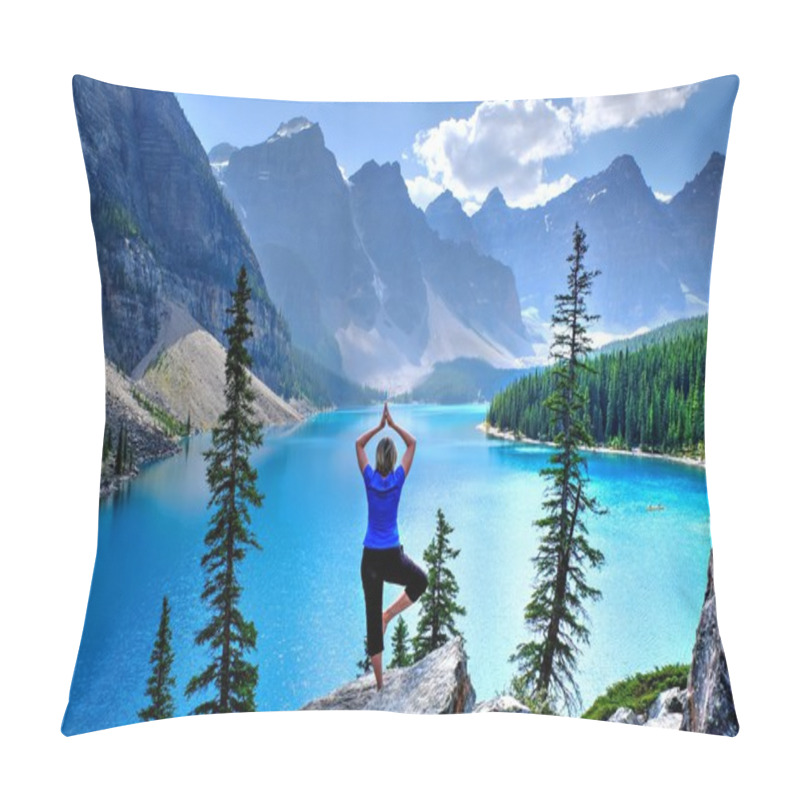 Personality  Woman Relaxing By Lake And Mountains.  Pillow Covers