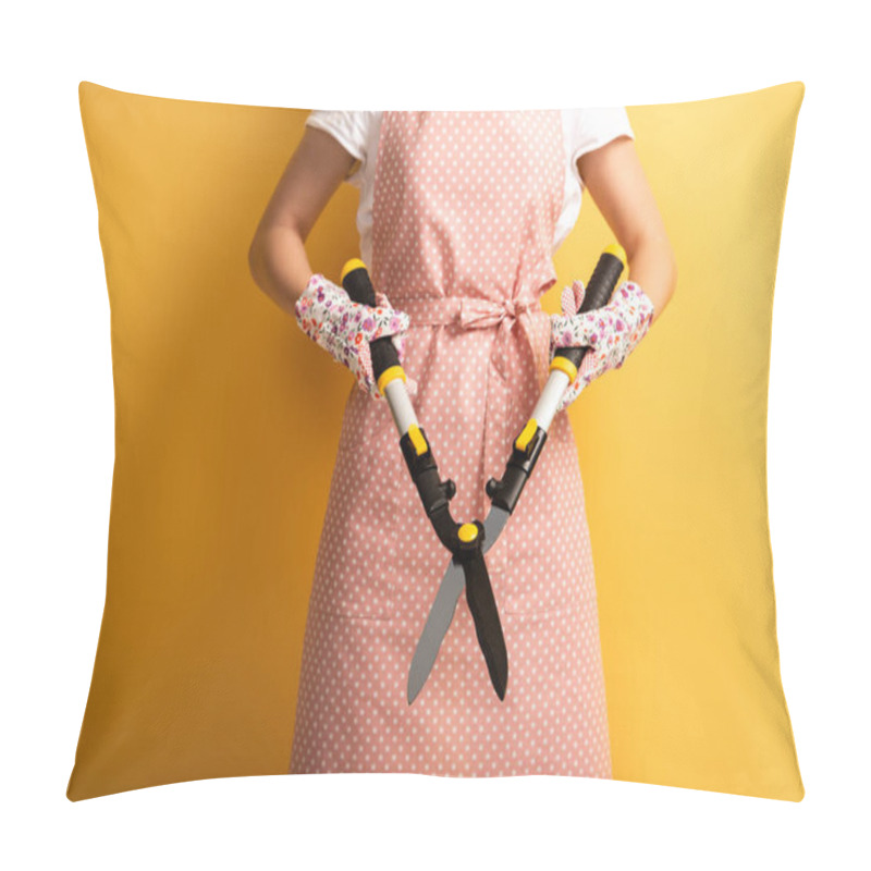 Personality  Cropped View Of Woman In Apron Holding Gardening Scissors On Yellow Background Pillow Covers