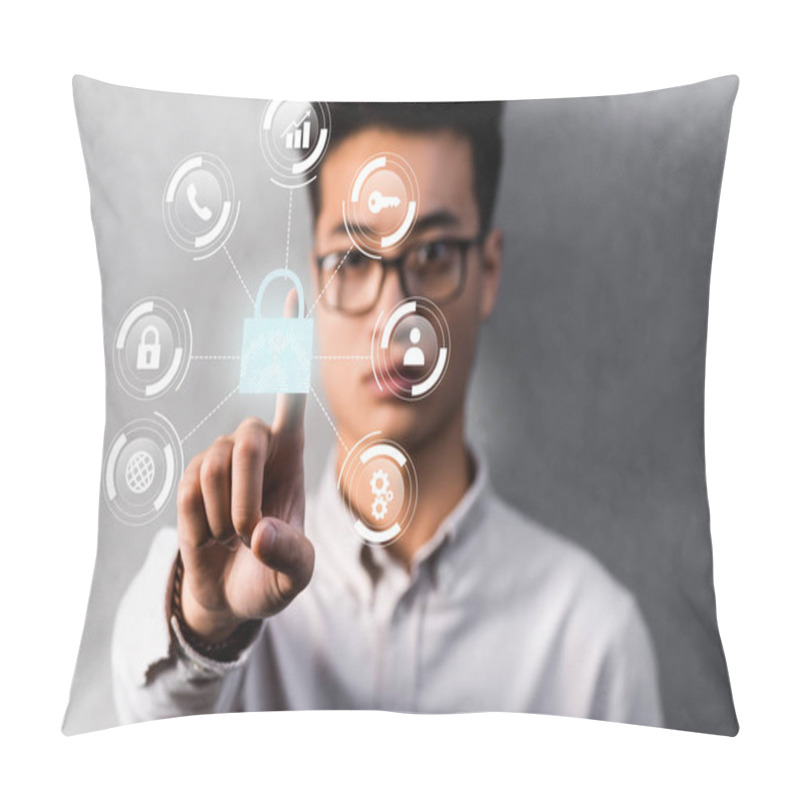 Personality  Selective Focus Of Asian Businessman Touching Padlock Illustration  Pillow Covers