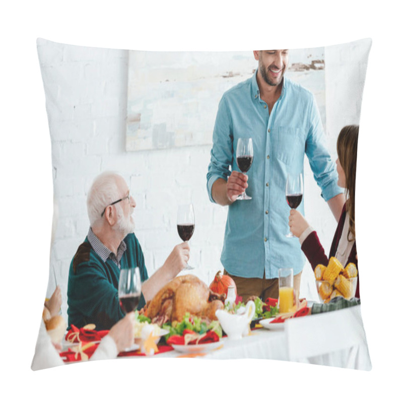 Personality  Happy Adult Man With Wine Glass Making Toast While His Family Having Holiday Dinner On Thanksgiving  Pillow Covers