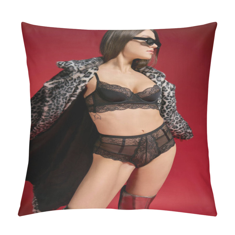 Personality  Young Woman In Lingerie Wearing A Leopard Print Jacket With Wet Hair. Pillow Covers