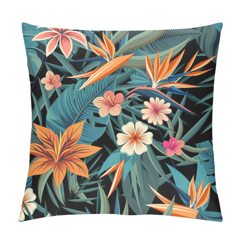 Personality  Trendy Seamless Tropical Pattern With Flowers And Leaves. Isolated On Black Background. Perfect For Summer Designs, Textiles, And Nature-inspired Projects. Bright And Colorful Botanical Illustration Pillow Covers