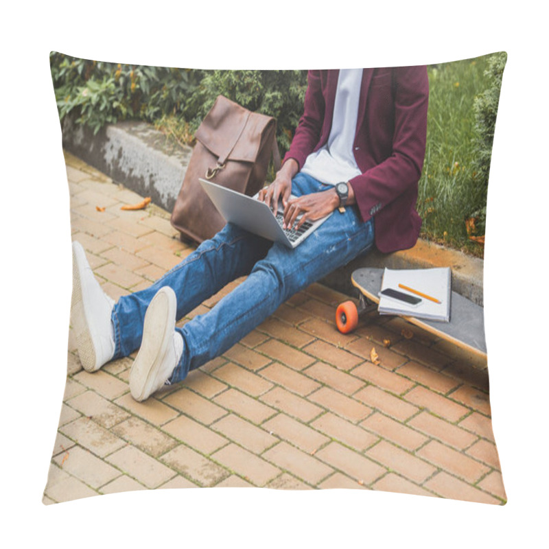 Personality  Cropped Shot Of Freelancer Using Laptop While Sitting On Curb On Street Pillow Covers