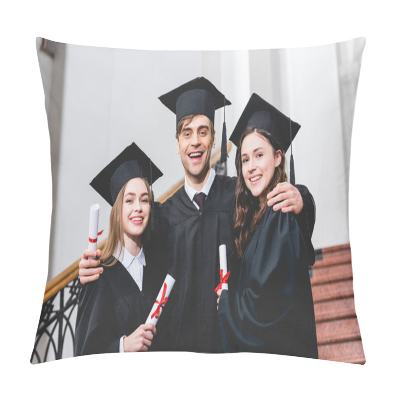 Personality  Cheerful Man In Graduation Cap Hugging Attractive Girls While Holding Diploma  Pillow Covers