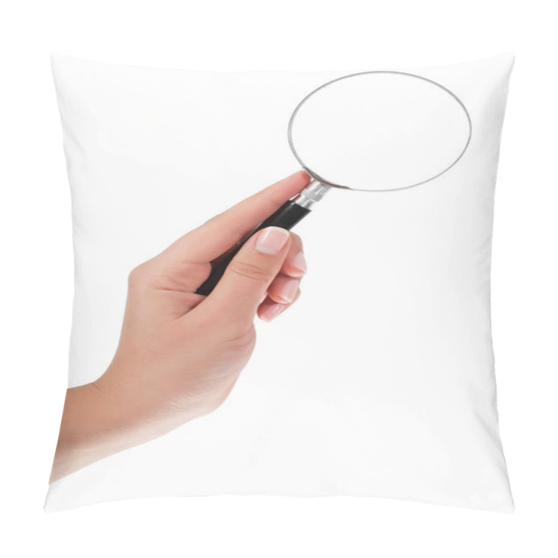 Personality  Female Hand Holding The Magnifying Glass Isolated On White Backg Pillow Covers