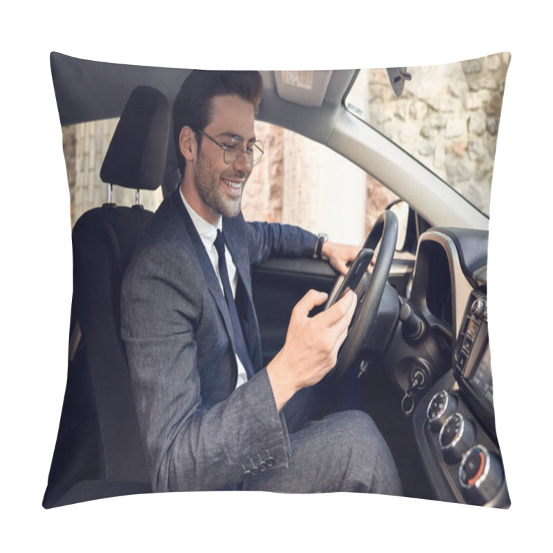 Personality  Side View Of Serious Business Man In Suit Using Phone While Sitting At The Wheel In Car. Pillow Covers