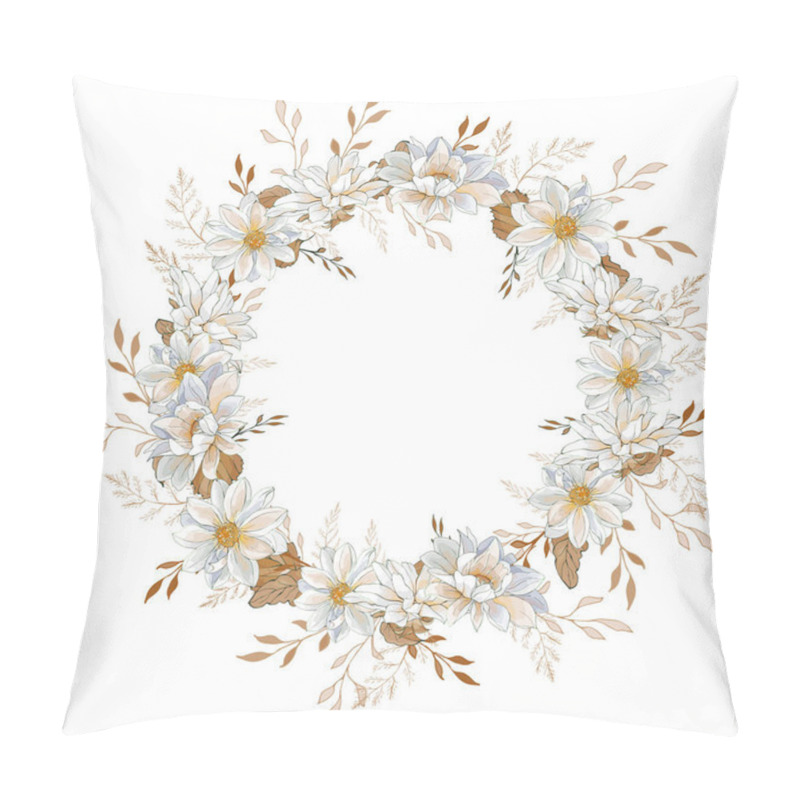 Personality  Beautiful Floral Wreath With Dahlias Flowers Isolated On White Background, Vector, Illustration Pillow Covers