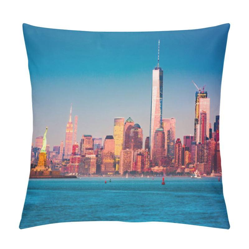 Personality  New York, New York Skyline Of Manhattan From The Harbor At Dusk. Pillow Covers