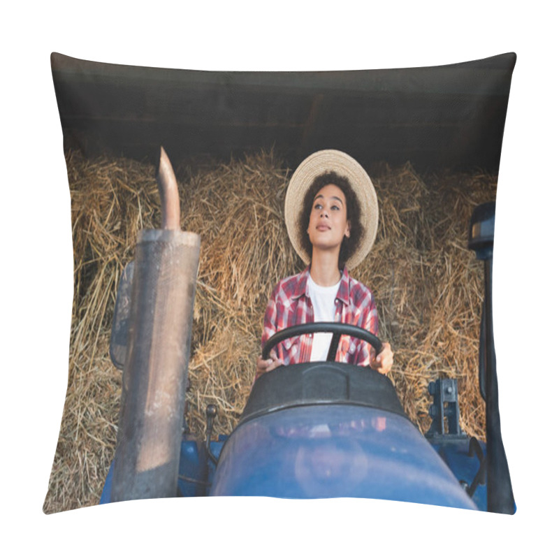 Personality  African American Woman Looking Away While Driving Tractor On Farm Pillow Covers