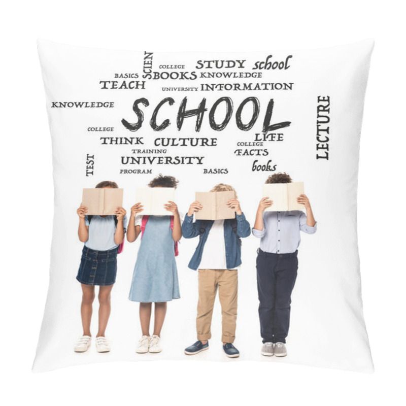 Personality  Multicultural Schoolgirls And Schoolboys Covering Faces With Books Near Lettering On White  Pillow Covers