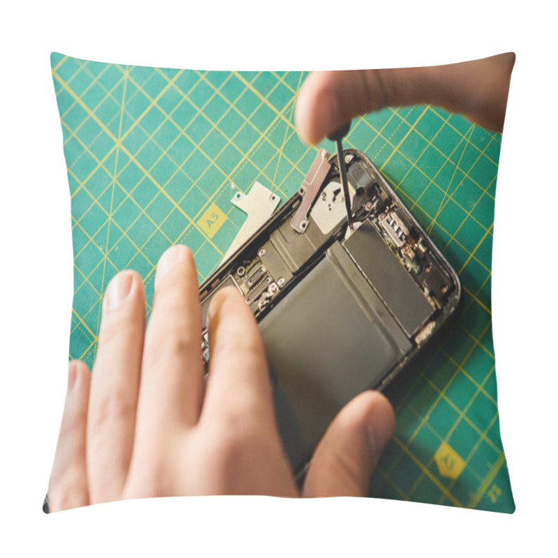 Personality  Cropped View Of Technician Testing Smartphone While Working In Private Workshop, Small Business Pillow Covers