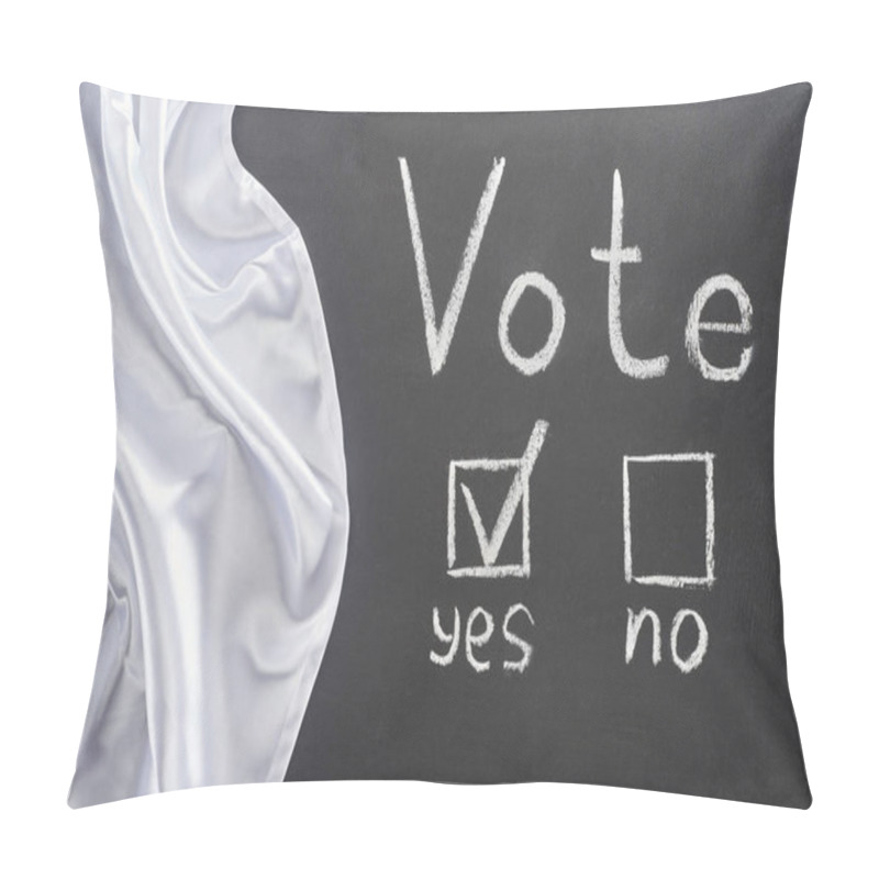 Personality  Top View Of Vote Lettering And Check Mark Near Yes Word On Black Chalkboard Near White Flag Pillow Covers