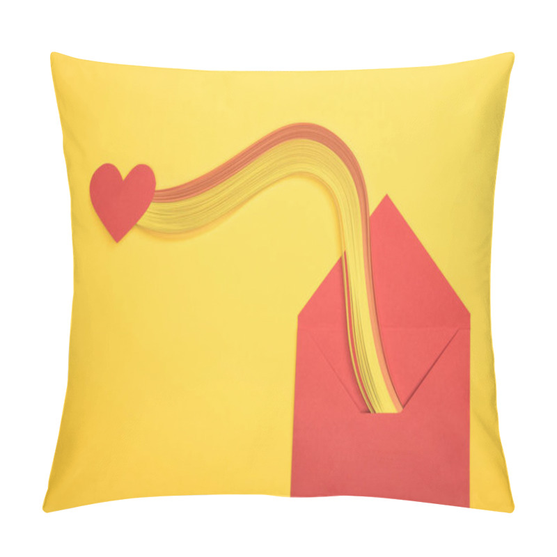 Personality  Top View Of Open Red Envelope With Rainbow And Heart Sign On Yellow Background Pillow Covers