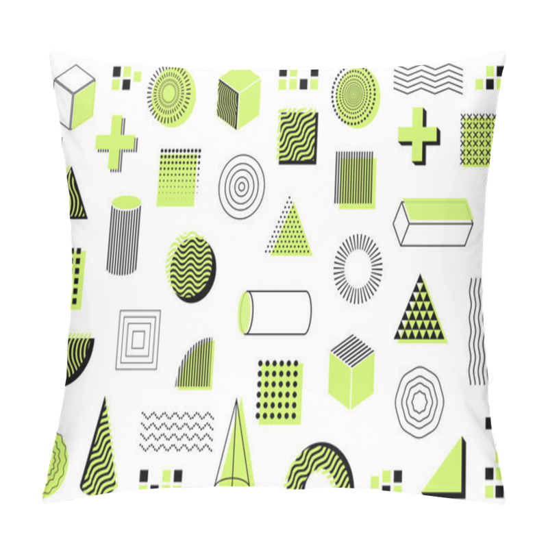 Personality  Geometric Shapes Mega Set In Flat Cartoon Design. Bundle Elements Of Halftone Memphis Style Of Cubes, Circles, Cross, Square, Triangle, Cylinder, Other. Vector Illustration Isolated Graphic Objects Pillow Covers