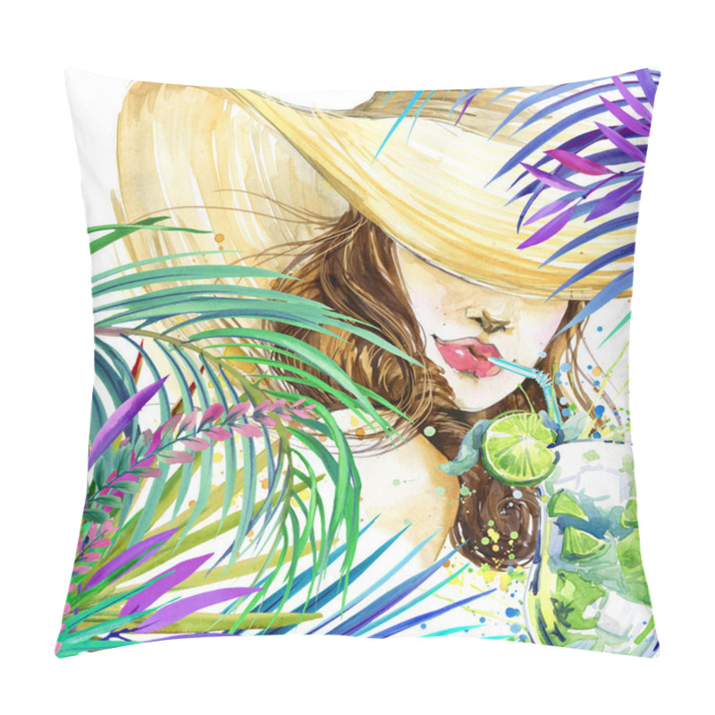 Personality  Beautiful Young Woman With Fruit Cocktail And Tropical Leaves Background. Girl And Beach Cocktail Party. Cocktail Party Poster Background Pillow Covers