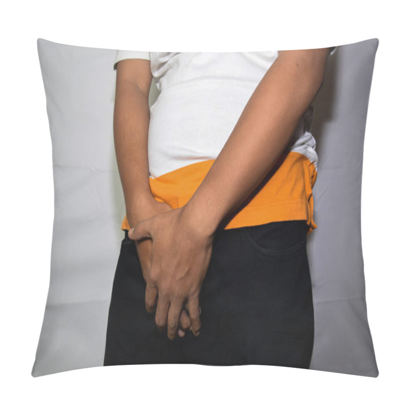 Personality  Close Up Asian Man Covering His Crotch Isolated On White Background Pillow Covers