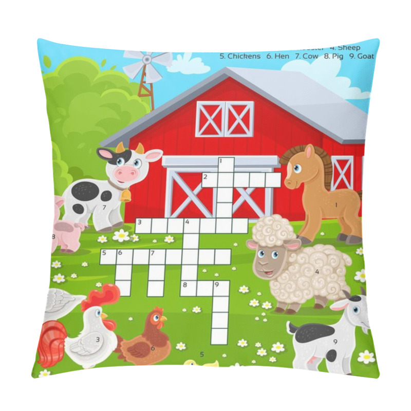 Personality  Crossword Education Game For Children About Farm Animals. Cute Cartoon Farm Animals On A Farm Background  Pillow Covers