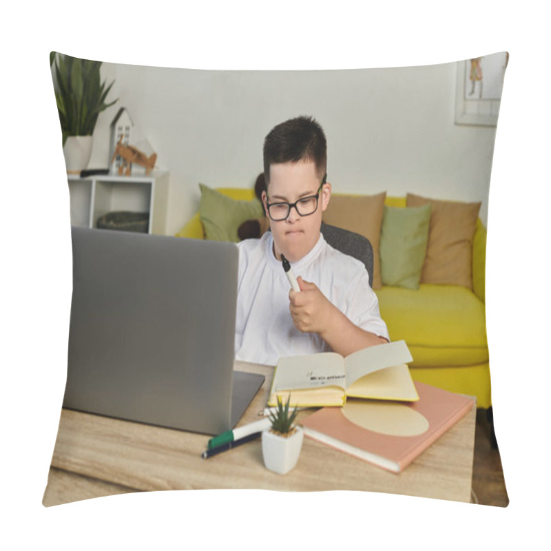 Personality  A Young Boy With Down Syndrome Studies At Home, Intently Focused On His Work. Pillow Covers