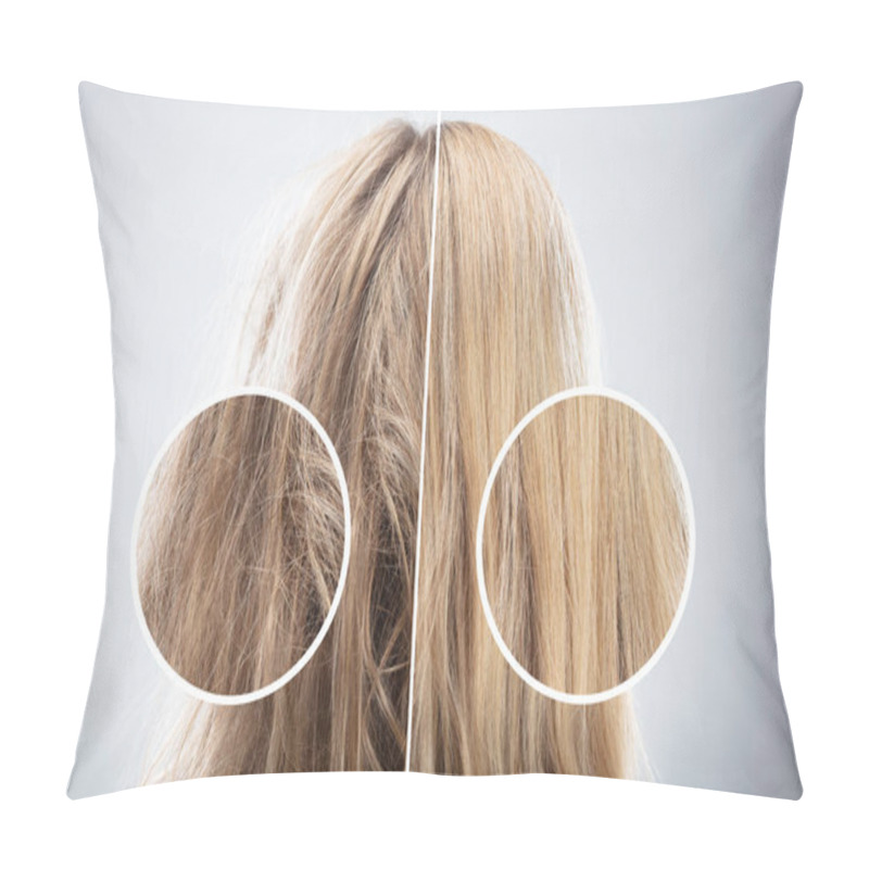 Personality  Woman's Hair Before And After Hair Straightening On Grey Background Pillow Covers