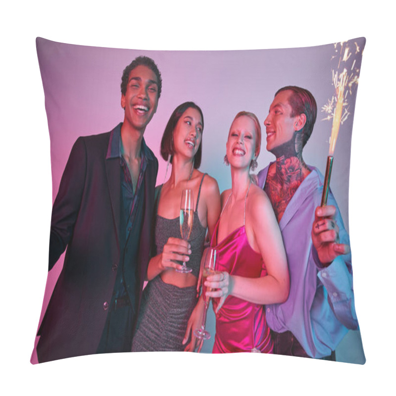 Personality  Christmas Party Concept, Joyous Multiethnic Friends Holding Sparklers And Champagne On Purple Pink Pillow Covers