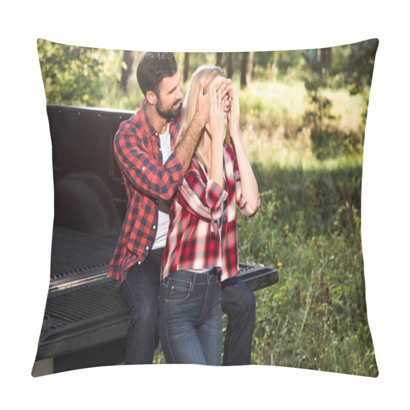 Personality  Smiling Man Covering Eyes Of Girlfriend From Behind While Sitting On Car Trunk Outdoors  Pillow Covers