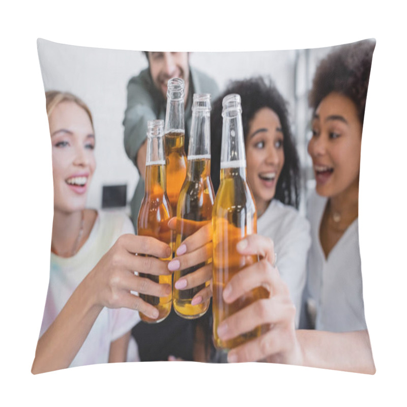 Personality  Blurred And Happy Interracial Group Of Friends Clinking Bottles Of Beer  Pillow Covers