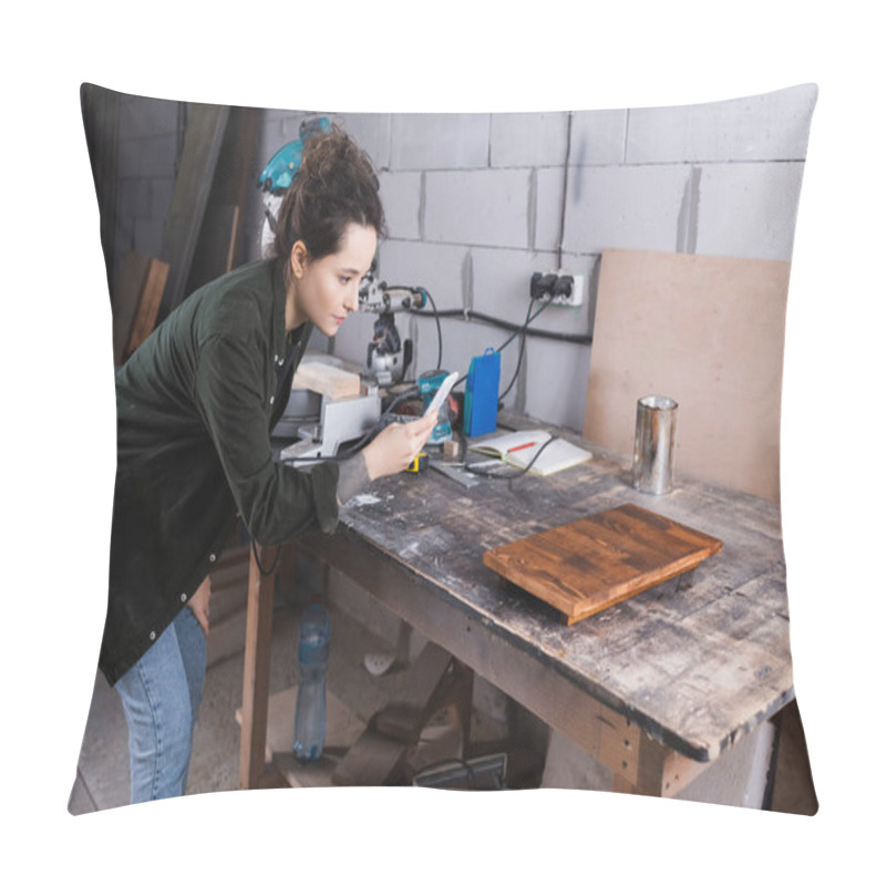 Personality  Carpenter Taking Photo On Smartphone Near Wooden Board In Workshop  Pillow Covers