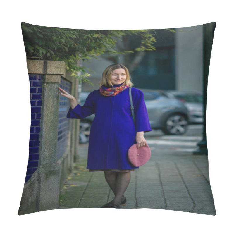 Personality  A Middle-aged Woman In A Lilac Coat And Neck Scarf Stands Thoughtfully On A Charming Portuguese Street, Holding A Beret In Her Hand. Pillow Covers