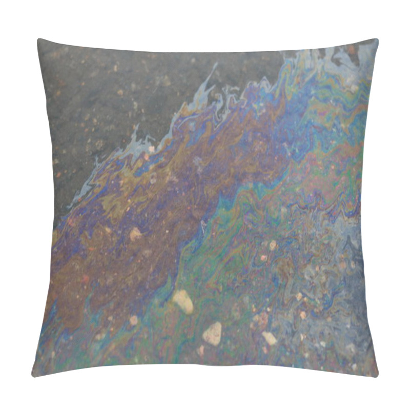 Personality  On The Road From The Asphalt, The Spilled Petroleum Products Spread Out In A Large Multicolored Spot Pillow Covers