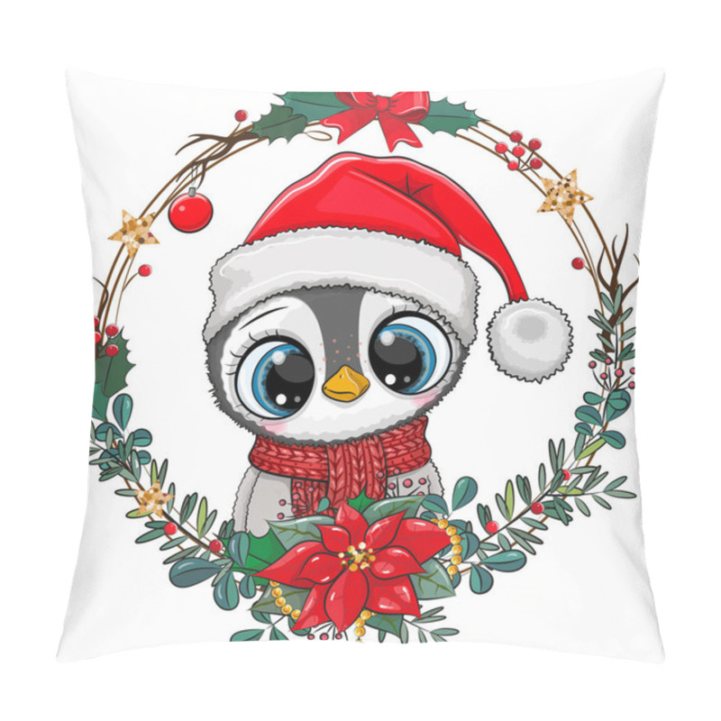 Personality  Cute Cartoon Penguin In Santa Hat On A White Background Pillow Covers