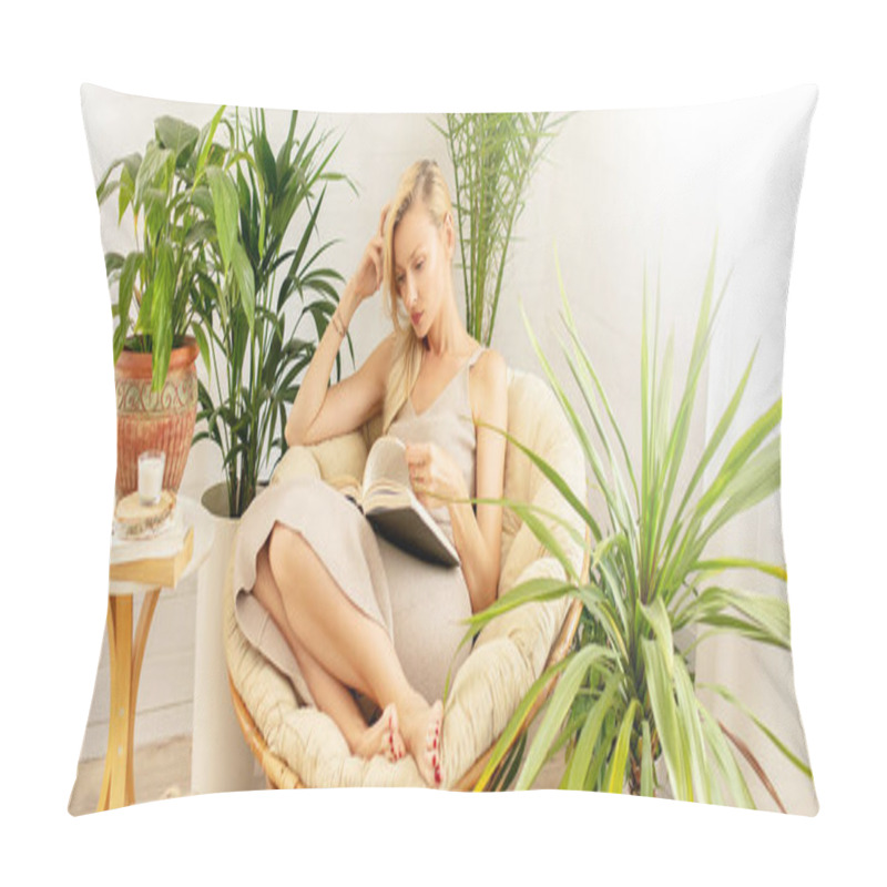 Personality  Woman Relaxing, Reading Book In Cozy Room With Green Home Plants. Boho Home Decor. Pillow Covers