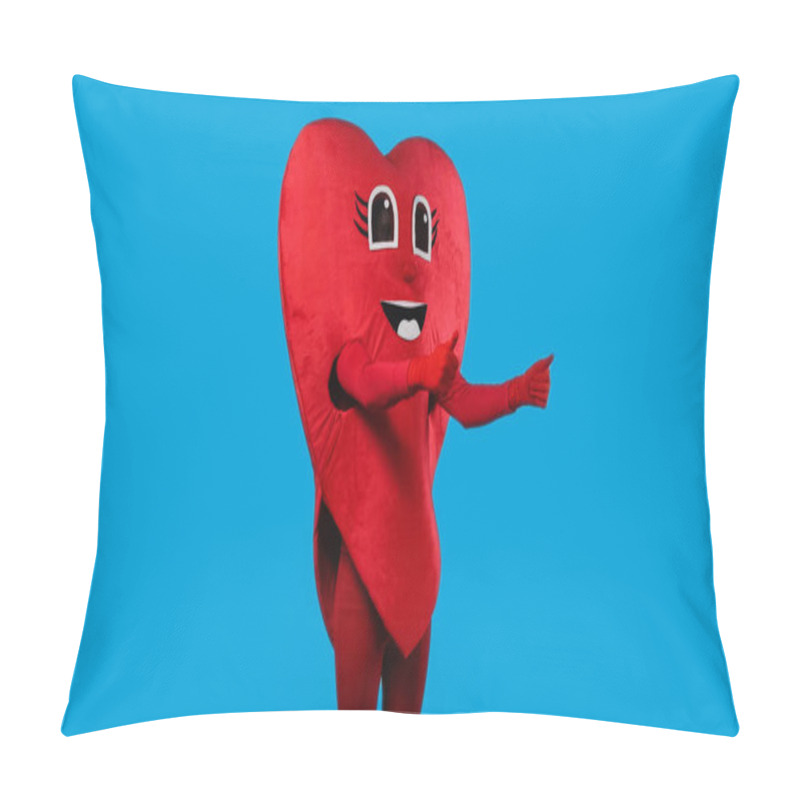 Personality  Person In Cheerful Heart Costume Showing Thumbs Up Isolated On Blue  Pillow Covers