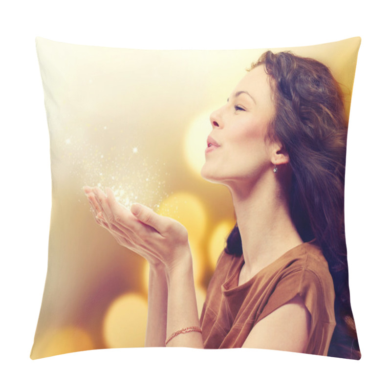 Personality  Young Woman Blowing Magic Dust With Stars From Her Hands Pillow Covers