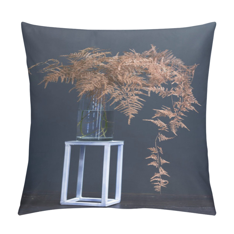 Personality  Branch Asparagus Fern Or Asparagus Setaceus Painted In Gold In A Glass Vase On A Metal Geometric Stand, Festive Background Or Concept Pillow Covers