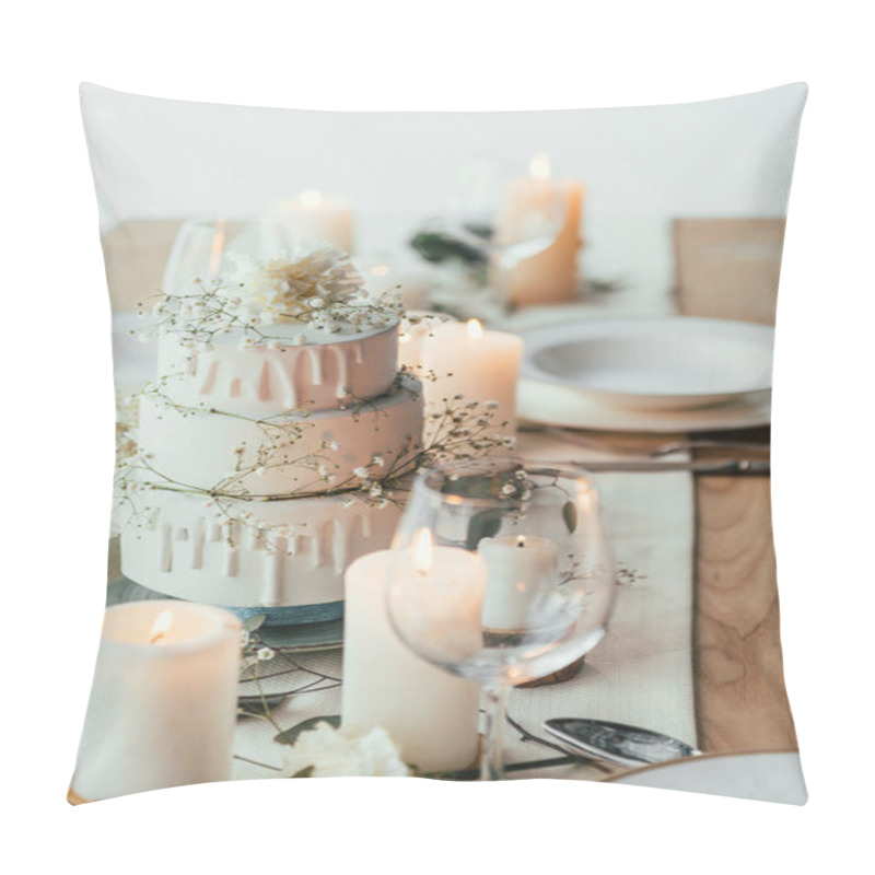 Personality  Close Up View Of Stylish Table Setting With Candles And Wedding Cake For Rustic Wedding Pillow Covers